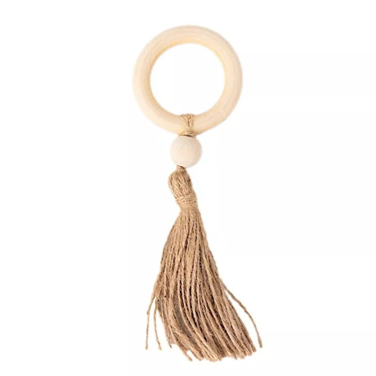 4 Natural Cream Round Wooden Napkin Rings Beaded Woven Jute Tassels Party Events